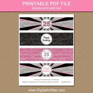 Printable Water Bottle Labels 25th Birthday Cheers to 25 Years Pink Silver Black