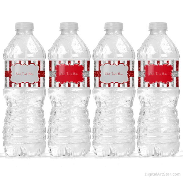 Red and Silver Glitter Water Bottle Labels Template Printable - Digital ...