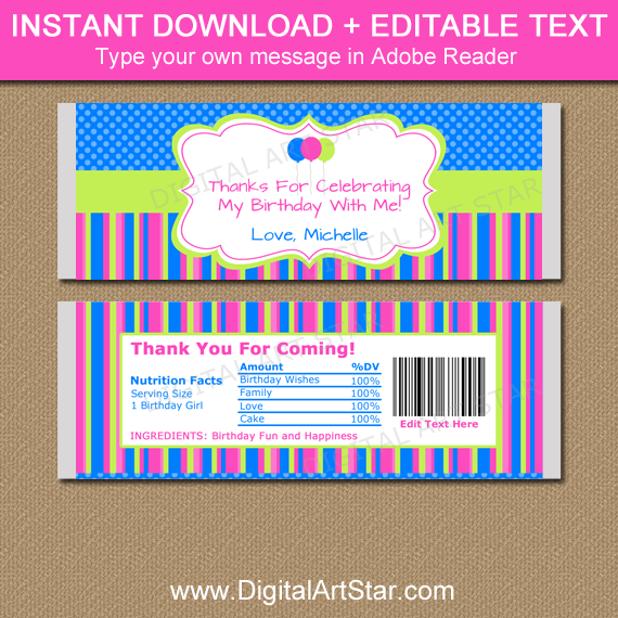 Birthday Party Favors - Printable Candy Wrappers Pink Blue Lime