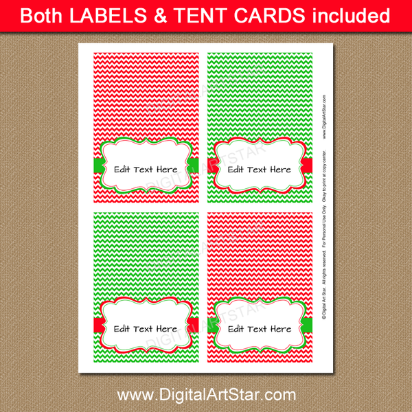 Printable Christmas Buffet Cards - Red and Green Chevron - Digital Art Star