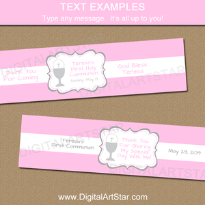 Pink First Holy Communion Water Labels for Girl