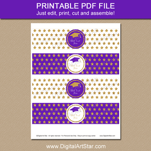 Purple and Gold Glitter Graduation Water Bottle Wrappers Printable PDF