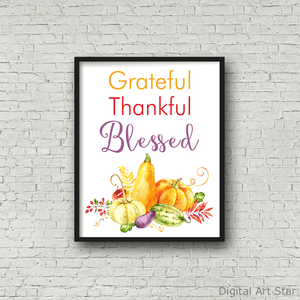 Grateful Thankful Blessed Art Print with Gourd Pumpkins