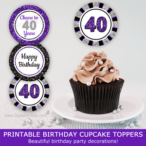 Purple and Black 40th Birthday Cupcake Toppers Decorations