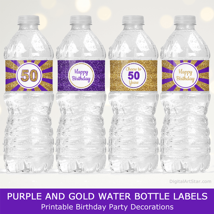 Purple and Gold Water Bottle Labels Printable 50th Birthday Party Decorations