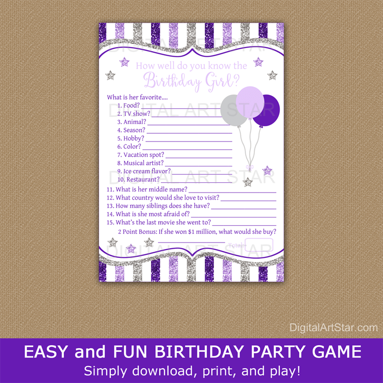 Purple Birthday Game Printable How Well Do You Know the Birthday Girl