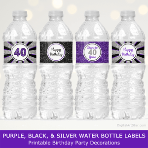 Purple, Black, and Silver Glitter 40th Birthday Water Bottle Labels Decorations