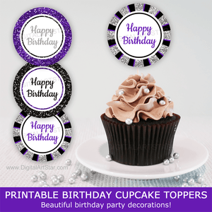 Purple Black and Silver Happy Birthday Cupcake Toppers Birthday Decorations