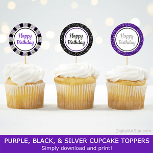 Purple Black and Silver Happy Birthday Cupcake Toppers Digital Download