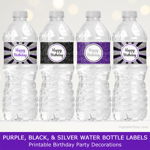 Purple, Black, and Silver Happy Birthday Water Bottle Labels Party Decorations for Any Age