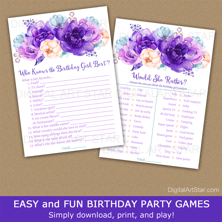Purple Floral Birthday Games Bundle Printables for Her