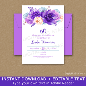 Purple Floral Birthday Invitation Template for Woman 60th Birthday Party