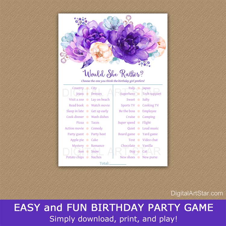 Purple Floral Birthday Printable Game Would She Rather