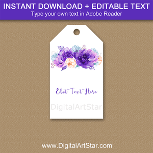 Purple Floral Editable Tags Printable Birthday Tags Baby Shower Tags Wedding Tags