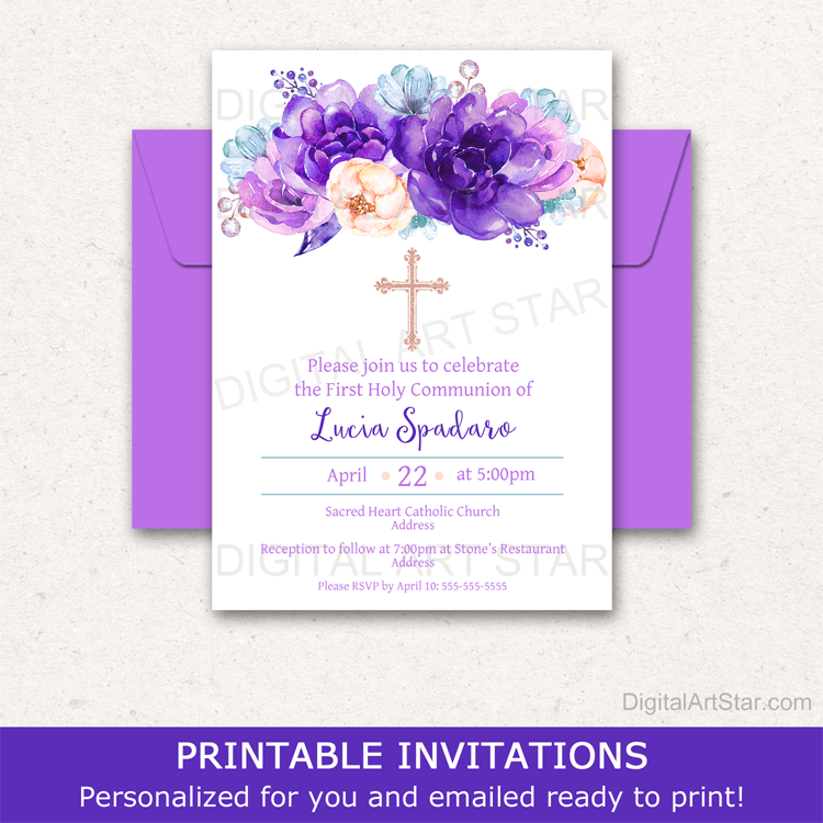 Purple Floral First Communion Invitation Template for Girl First Holy Communion Party