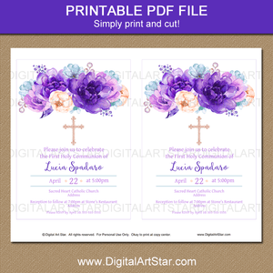 Purple Floral Girl First Holy Communion Invitation Printable PDF Download