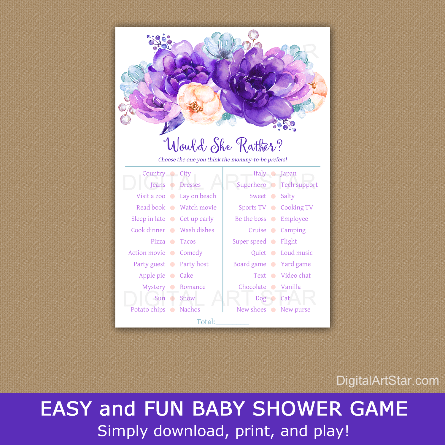 Purple Floral Would She Rather Baby Shower Game Printable - Digital Art Star