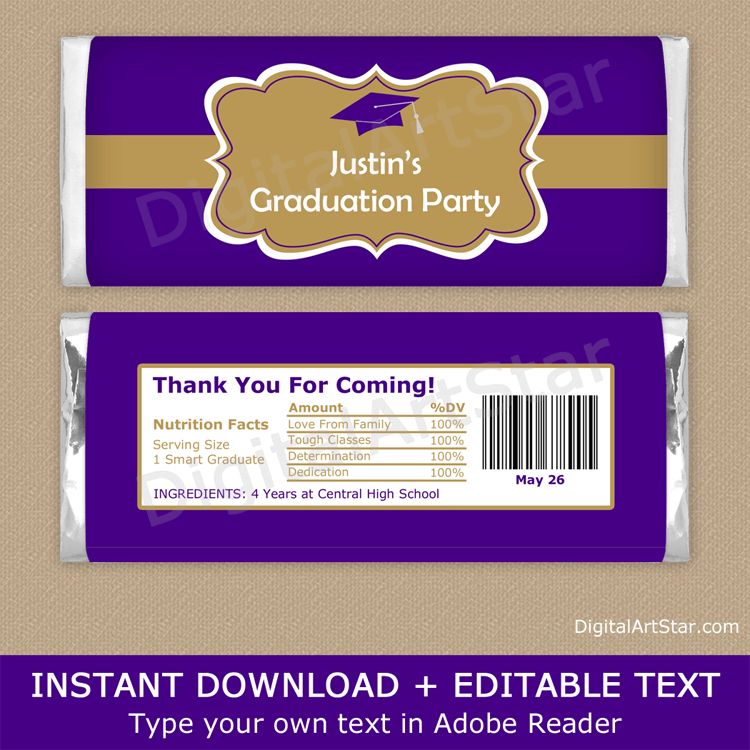 Purple and Gold Graduation Chocolate Bar Wrapper with Nutrition Facts