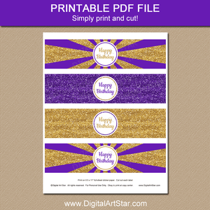 Purple Gold Happy Birthday Water Bottle Stickers Printable PDF File