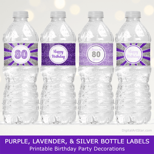 Purple and Silver 80th Birthday Water Bottle Labels Decorations for Women