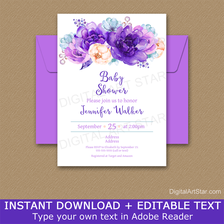 Purple and Turquoise Floral Baby Shower Invitation Template Editable