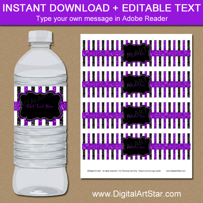 Purple and Black Glitter Water Bottle Labels