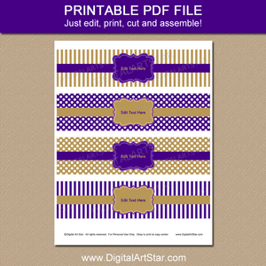 Printable Purple and Gold Water Bottle Labels