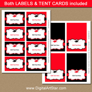 Red and Black Graduation Decorations Party Package Labels Tent Cards Templates