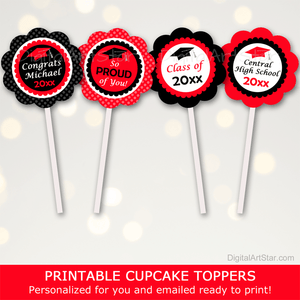 Red and Black Personalized Graduation Cupcake Toppers Decorations