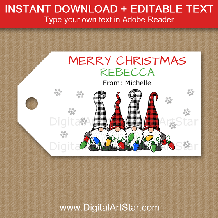 Red and Black Plaid Christmas Gnome Gift Tag Template - Digital Art Star