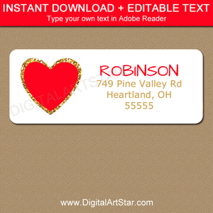 Red and Gold Heart Return Address Labels Template Editable