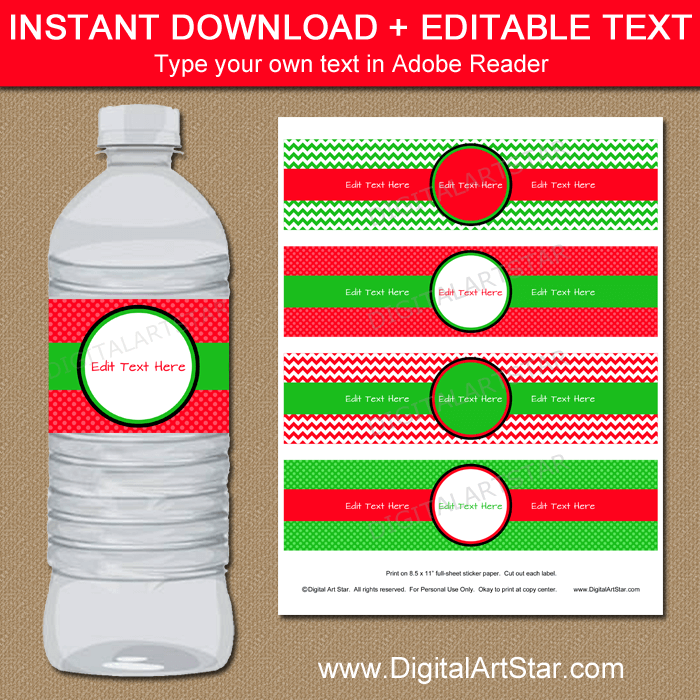 Red and Green Water Bottle Labels Printable for Christmas