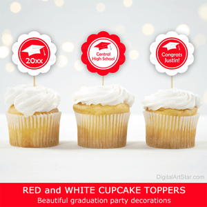 Red and White Cupcake Toppers Graduation Party Decorations