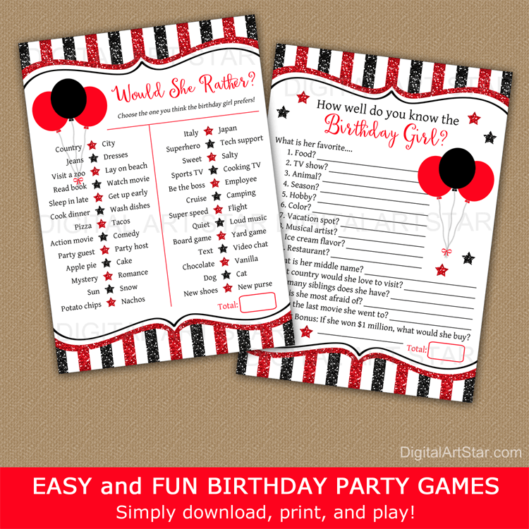 Red and Black Birthday Party Games Bundle How Well Do You Know the Birthday Girl