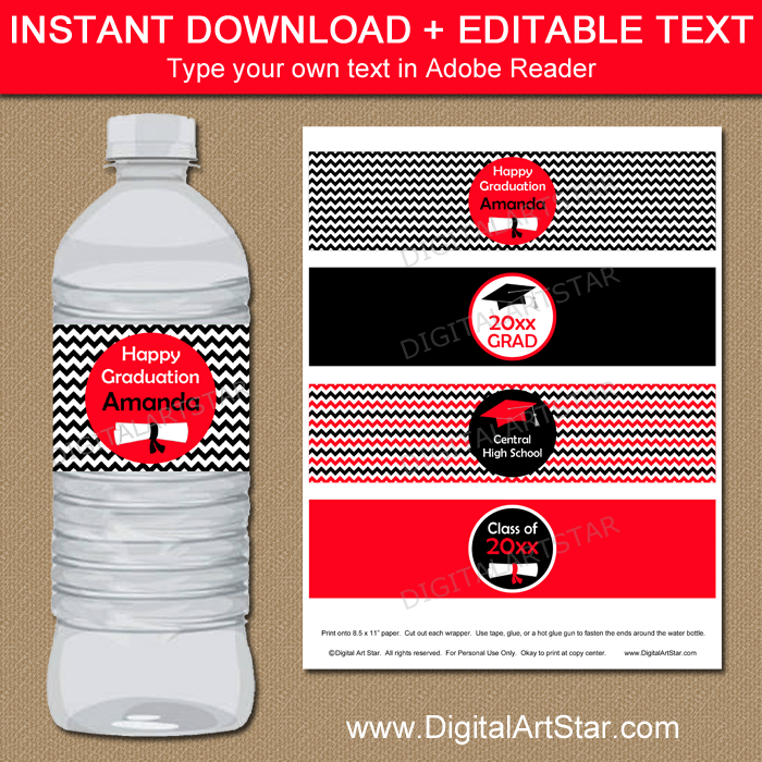 Red and Black Graduation Water Bottle Labels Template Digital Download