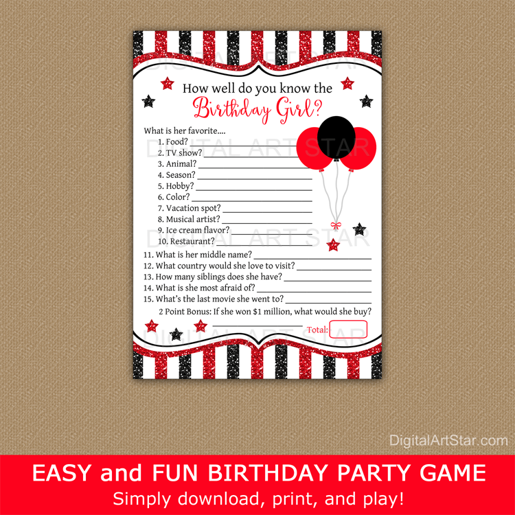 Red and Black How Well Do You Know the Birthday Girl Game Printable with Balloons and Stars