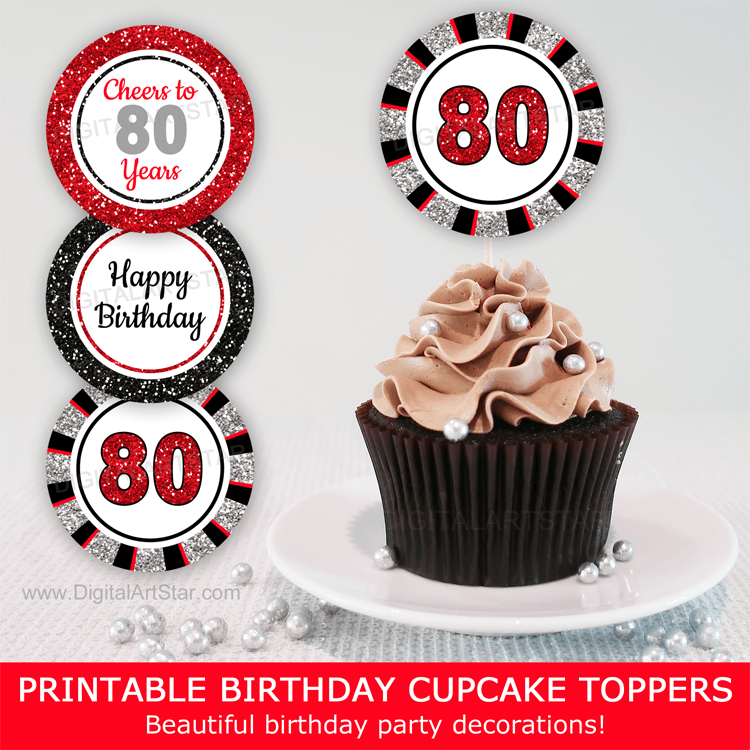 Red Black and Silver 80th Birthday Cupcake Toppers Digital with Big 80