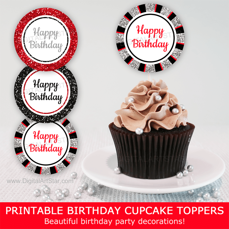 Red Black Silver Happy Birthday Cupcake Toppers Birthday Party Decorations to Print