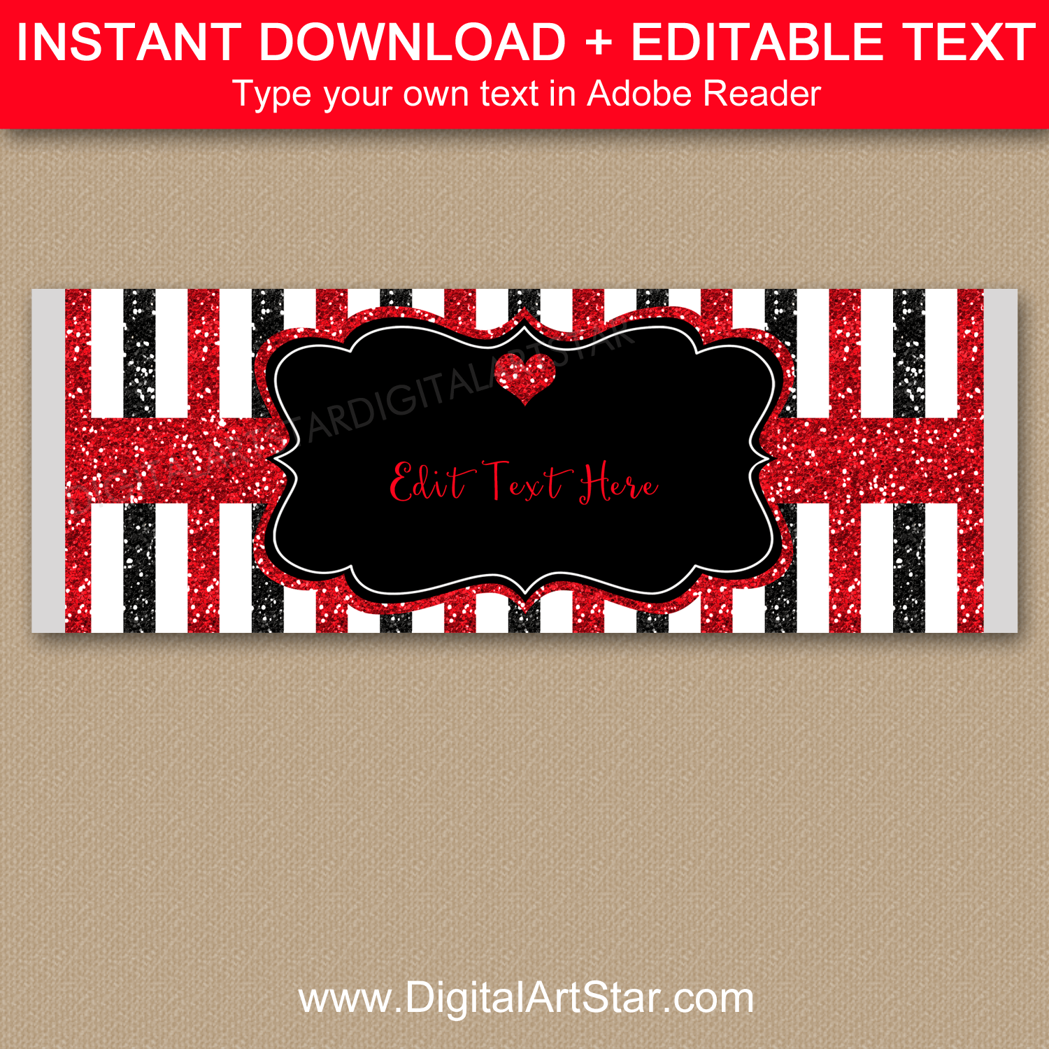 Red and Black Striped Candy Bar Wrappers with Glitter Heart Instant Download