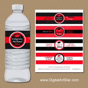 Red Black White Graduation Water Bottle Labels Personalized