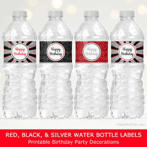Red Black White Silver Birthday Water Bottle Labels Birthday Party Decorations