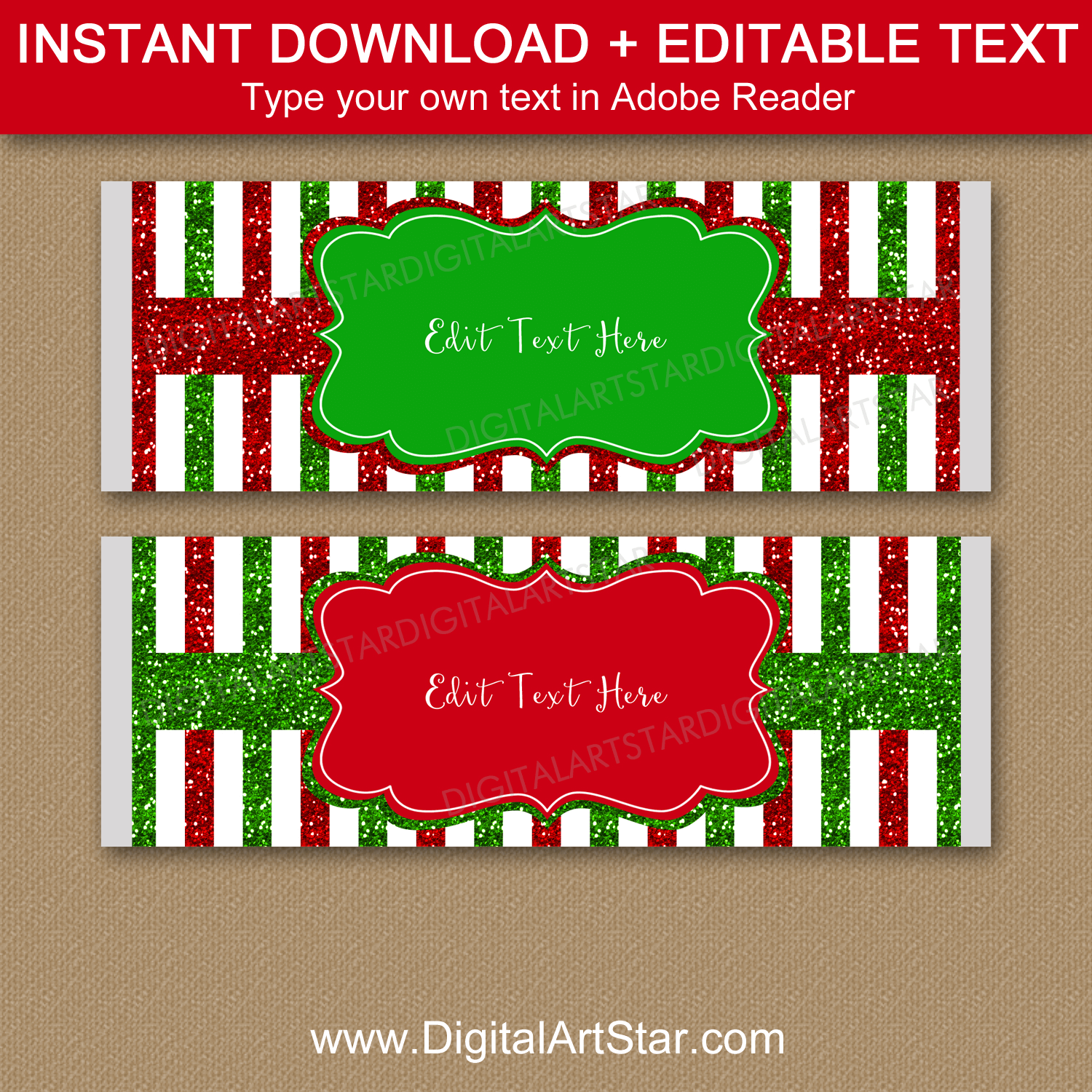 Red and Green Striped Candy Bar Wrappers Template Christmas
