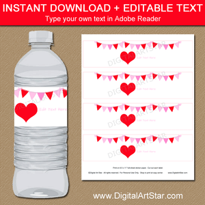 Red Heart Valentine Water Bottle Labels Editable Template
