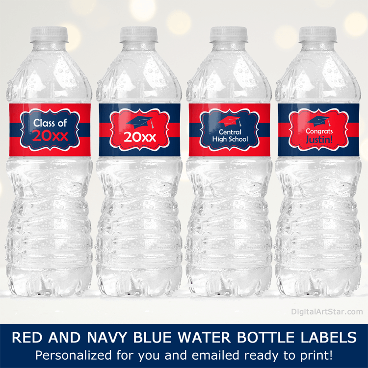 Red and Navy Blue Graduation Water Bottle Labels Printable High School Graduation Decorations