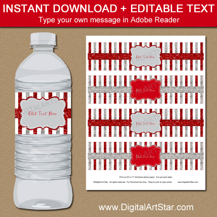 Red and Silver Glitter Water Bottle Labels Party Decorations