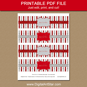 Red and Silver Glitter Water Bottle Labels Template Printable