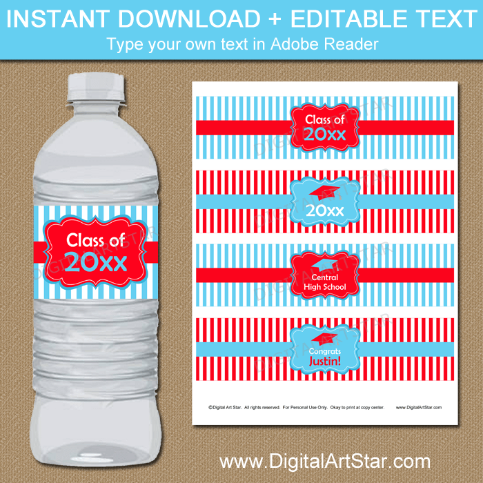 Red and Sky Blue Graduation Water Bottle Labels Editable Template