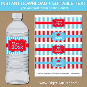 Red and Sky Blue Graduation Water Bottle Labels Editable Template