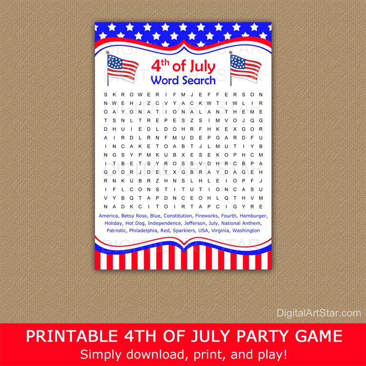 Red White and Blue 4th of July Word Search Puzzle Printable