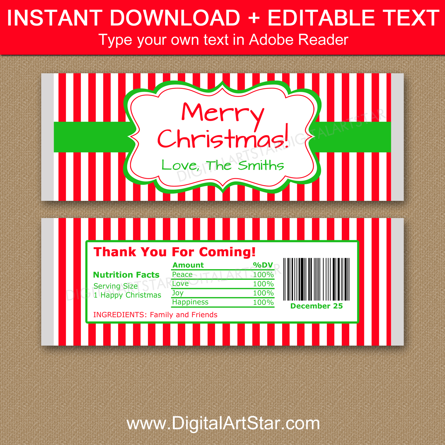 Red and White Christmas Candy Bar Wrappers Instant Download